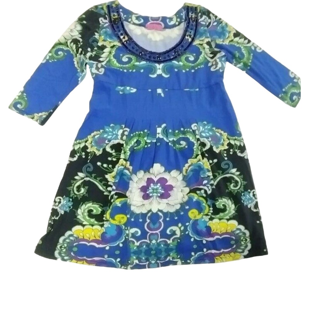 Joyous & Free Womens Size Small Beaded Collar Blue Paisley Print Dress
